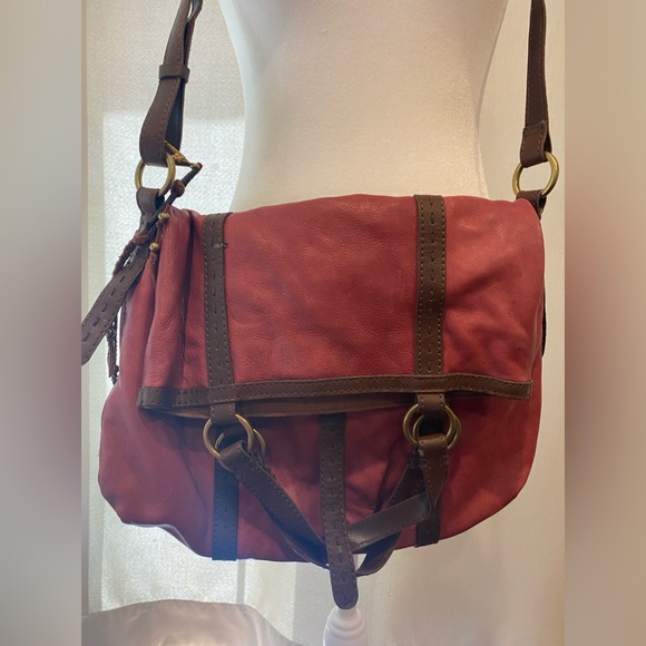 Lucky brand brown/burgundy shoulder satchel bag with stripped colored lining - Picture 7 of 12